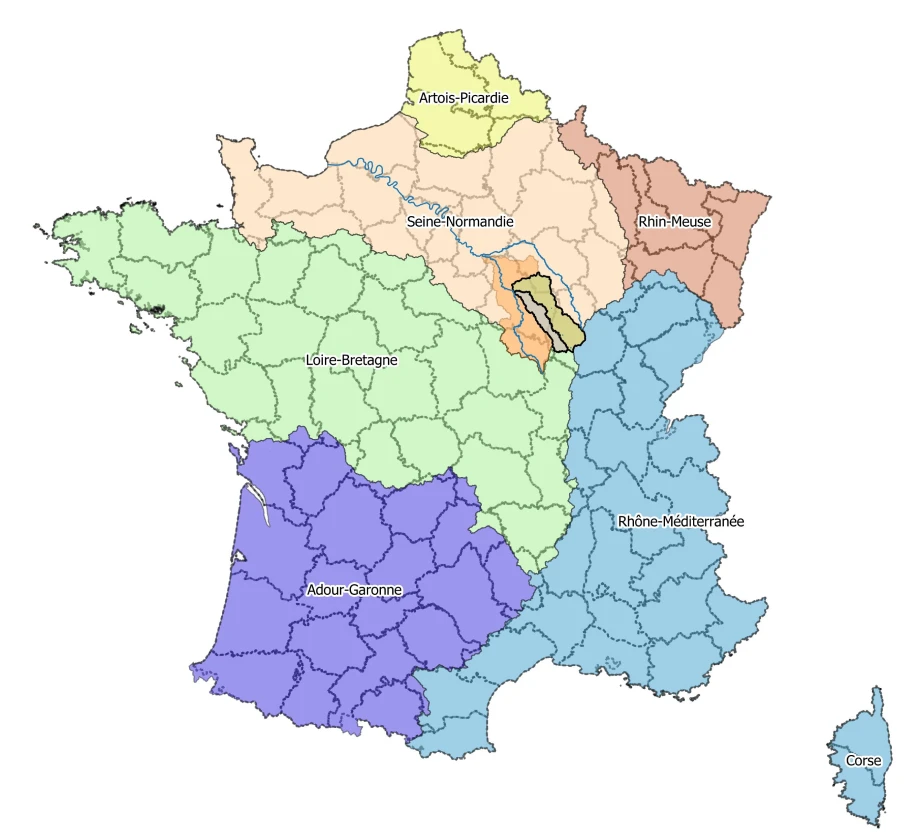 Position du périmètre du PTGE au sein des grands bassins hydrographiques en France.